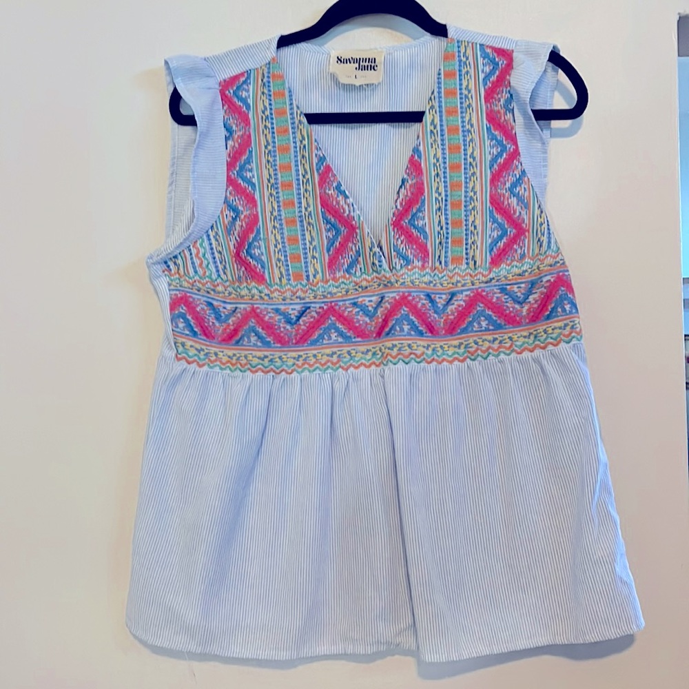 Savanna Jane Tank Blue and White Pinstriped with Embroidery Pattern size L
